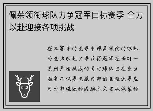 佩莱领衔球队力争冠军目标赛季 全力以赴迎接各项挑战